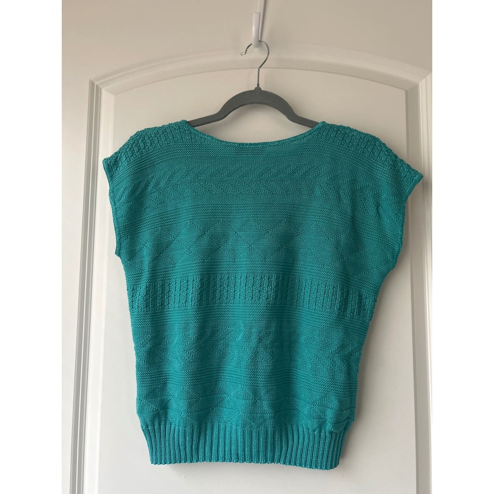 Vintage YarnWorks Teal Green Textured Knit Short Sleeve Sweater Top Crew Neck - Picture 3 of 6